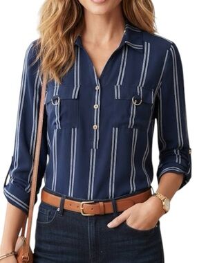 MINE Pinstripe Button Down Blouse With Adjustable Sleeve Length Navy Blue Medium